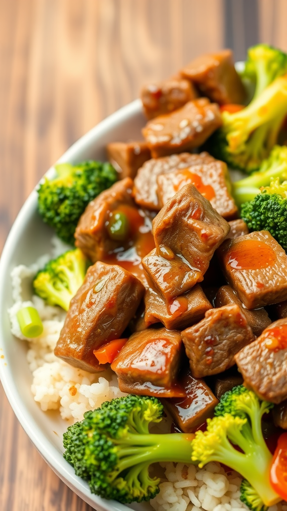A bowl of beef and broccoli stir-fry served over rice
