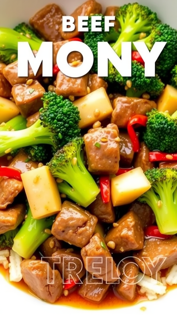 A bowl of beef and broccoli with colorful vegetables.
