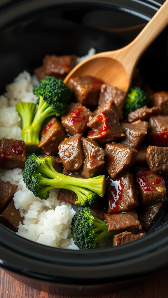 A bowl of beef and broccoli with rice in a crockpot