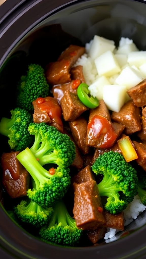 A crockpot filled with beef chunks, broccoli, and sauce, served over rice.