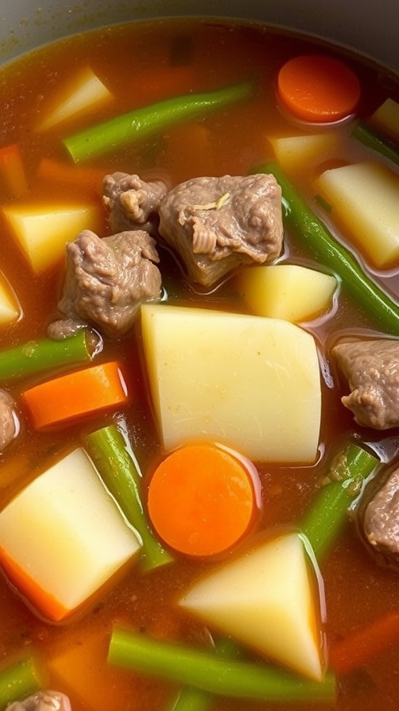 A close-up of beef and vegetable soup with chunks of meat, potatoes, carrots, and green beans in a rich broth.