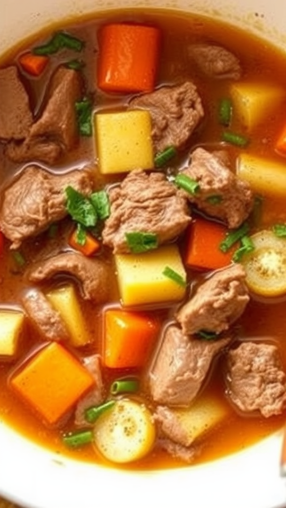 A bowl of beef and vegetable soup with chunks of meat, carrots, and potatoes in savory broth.