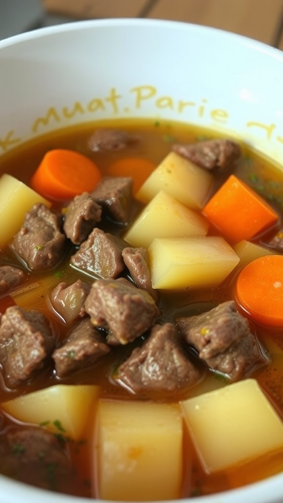 A bowl of beef and vegetable soup with carrots, potatoes, and pieces of beef in rich broth.