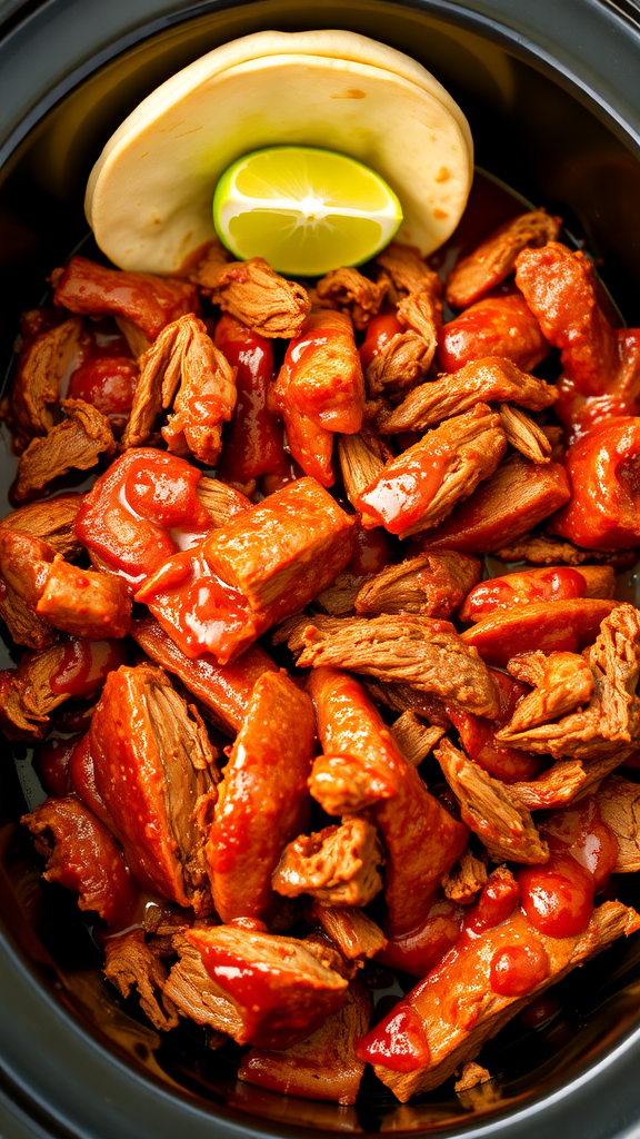 Tender Beef Barbacoa in a crockpot with a lime and taco shell