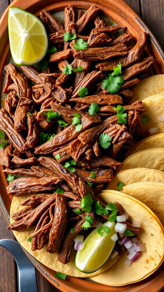 A platter of shredded beef barbacoa garnished with cilantro and lime, served alongside warm tortillas.