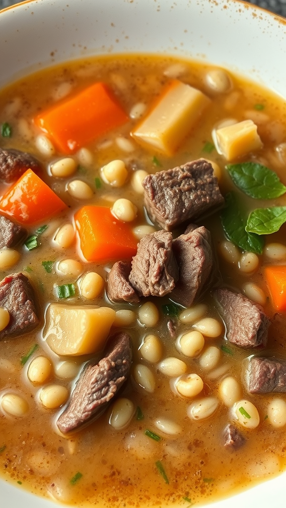 A bowl of beef barley soup with chunks of beef, carrots, and barley.
