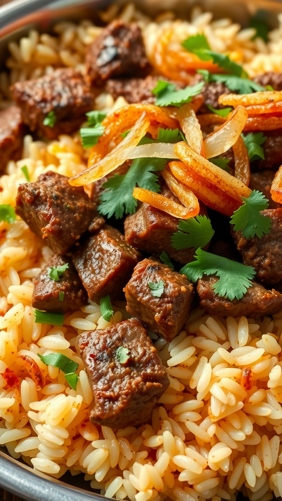 A bowl of beef biryani with tender beef chunks, rice, fried onions, and cilantro.