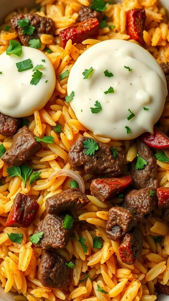 A close-up of Beef Biryani with tender beef, orzo, and creamy sauce