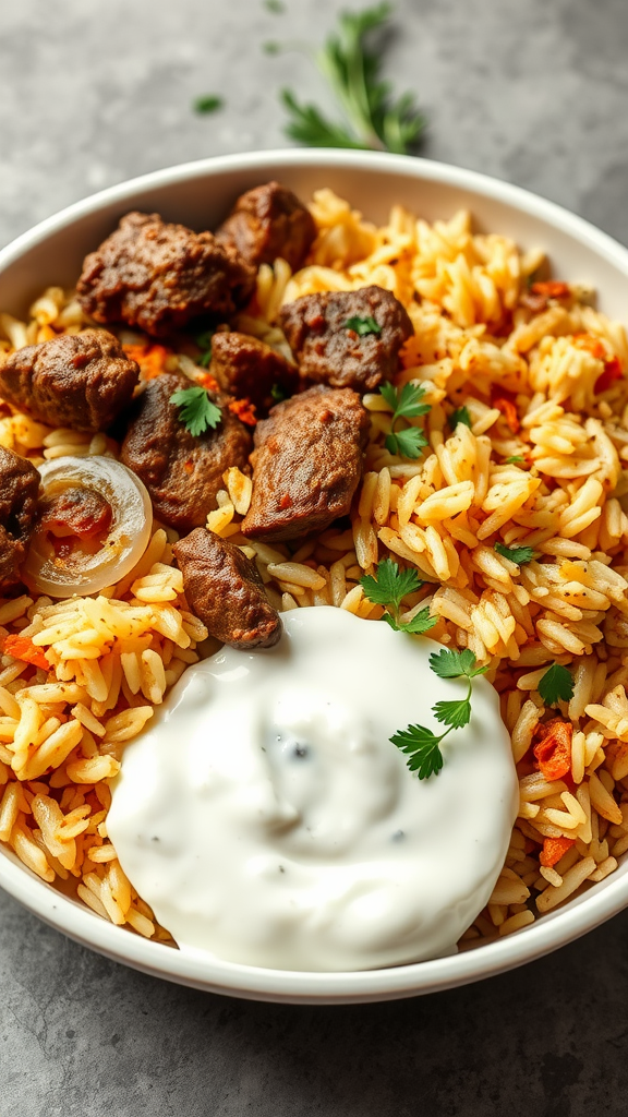 A bowl of hearty beef biryani served with a side of yogurt