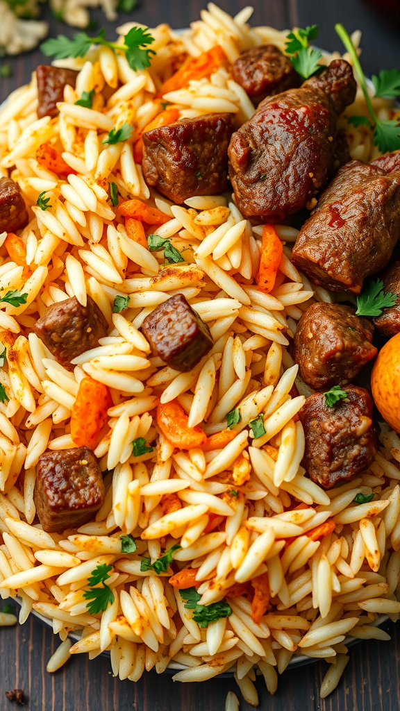A close-up of Beef Biryani with orzo, beef pieces, and garnished with cilantro and carrots.
