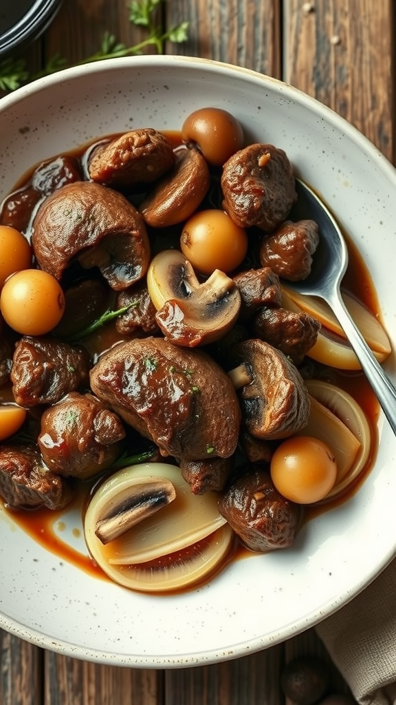 A bowl of Beef Bourguignon with mushrooms and pearl onions in a rich sauce