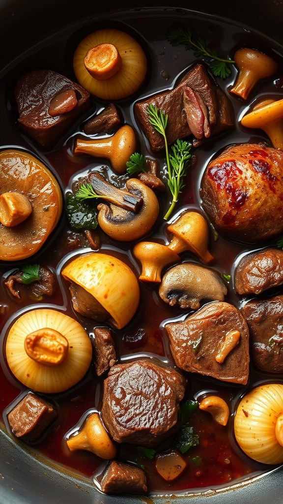 A pot of Beef Bourguignon with chunks of beef, mushrooms, and pearl onions in a rich sauce