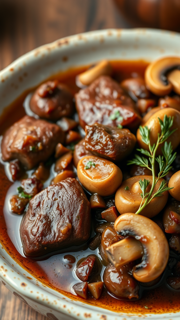 A bowl of Beef Bourguignon with beef chunks and mushrooms in a rich sauce