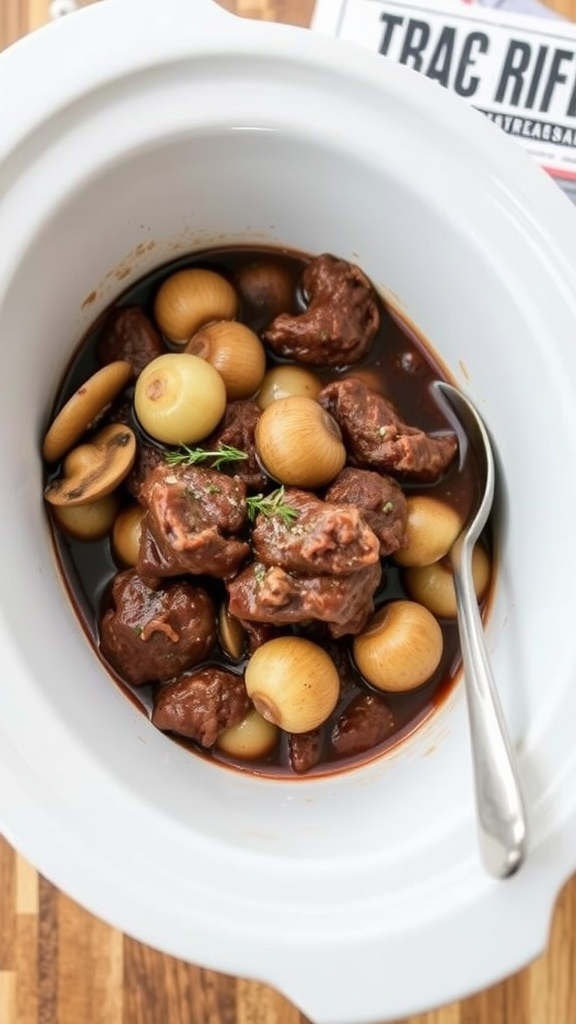 A crockpot filled with Beef Bourguignon, featuring beef chunks, pearl onions, and mushrooms in a rich sauce.