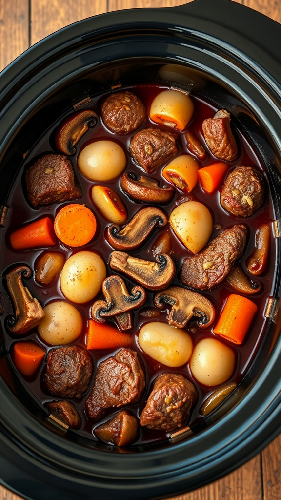 A crockpot filled with beef bourguignon featuring chunks of beef, carrots, mushrooms, and pearl onions in a red wine sauce.