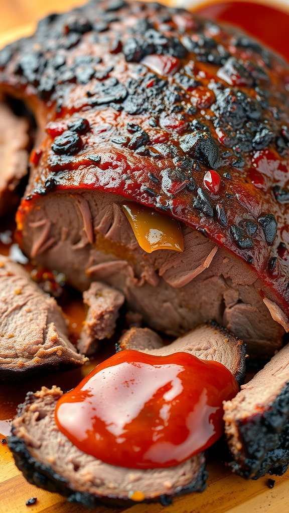 Cooked beef brisket with a caramelized crust and slices on a wooden cutting board
