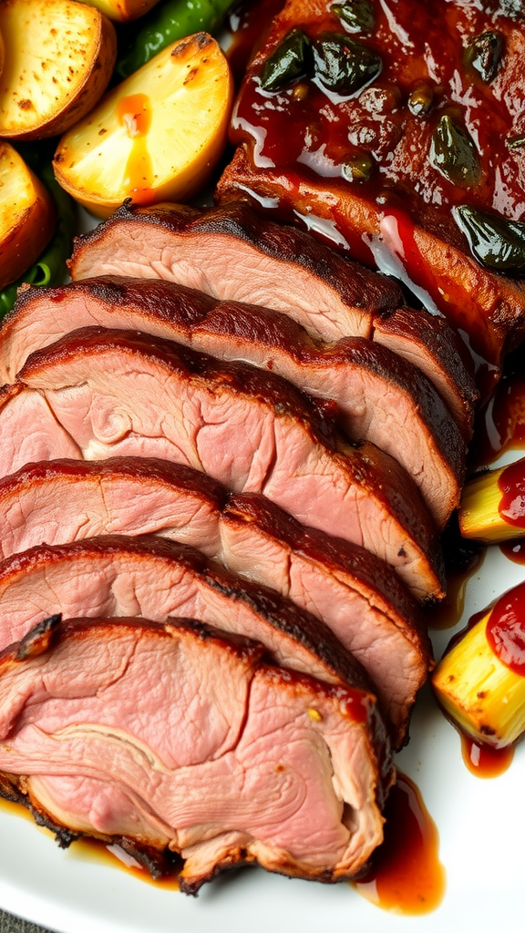 Sliced beef brisket with roasted potatoes and a rich sauce