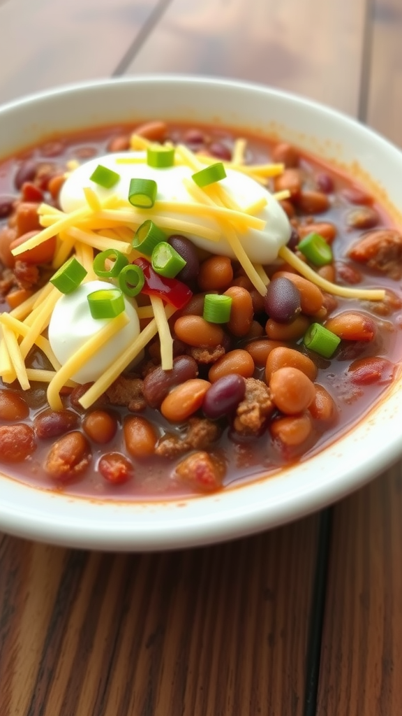 A bowl of beef chili topped with cheese, sour cream, and green onions
