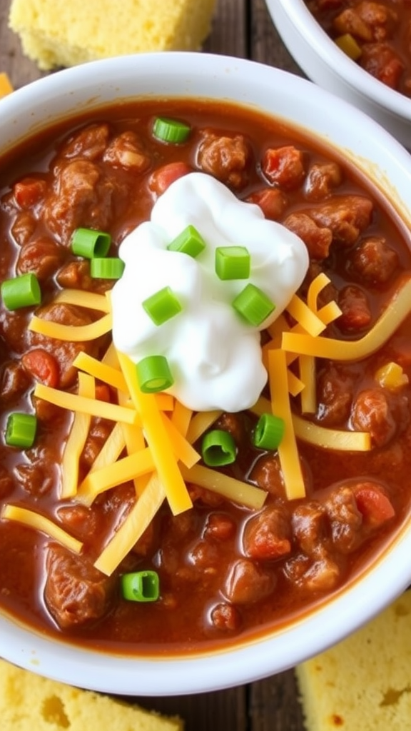 A bowl of beef chili topped with cheese, sour cream, and green onions, with cornbread on the side.