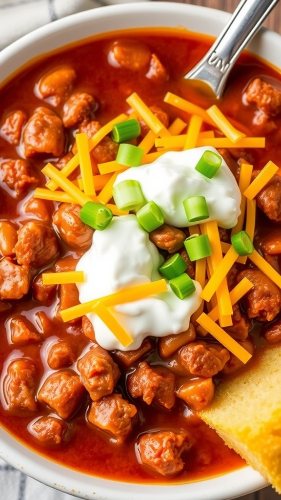 A bowl of beef chili topped with cheese, green onions, and sour cream, served with cornbread.