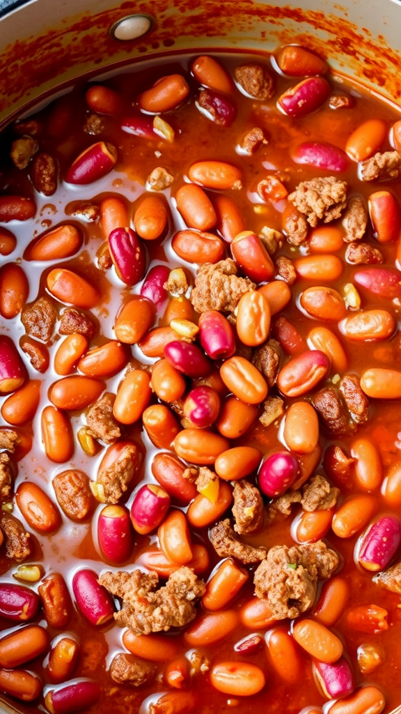 A close-up view of a pot filled with beef chili, showcasing ground beef and kidney beans in a rich sauce.