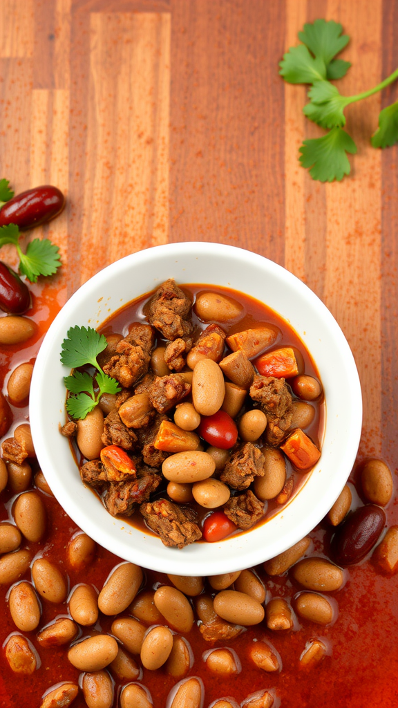 A bowl of beef chili with various beans and spices on a wooden table