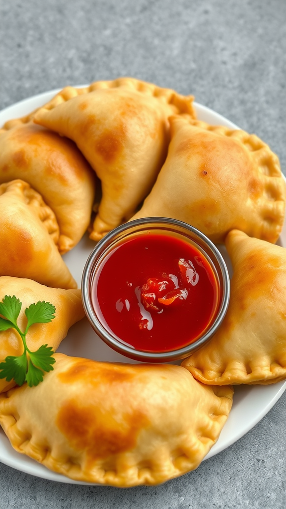 A plate of golden-brown beef empanadas with a small bowl of dipping sauce