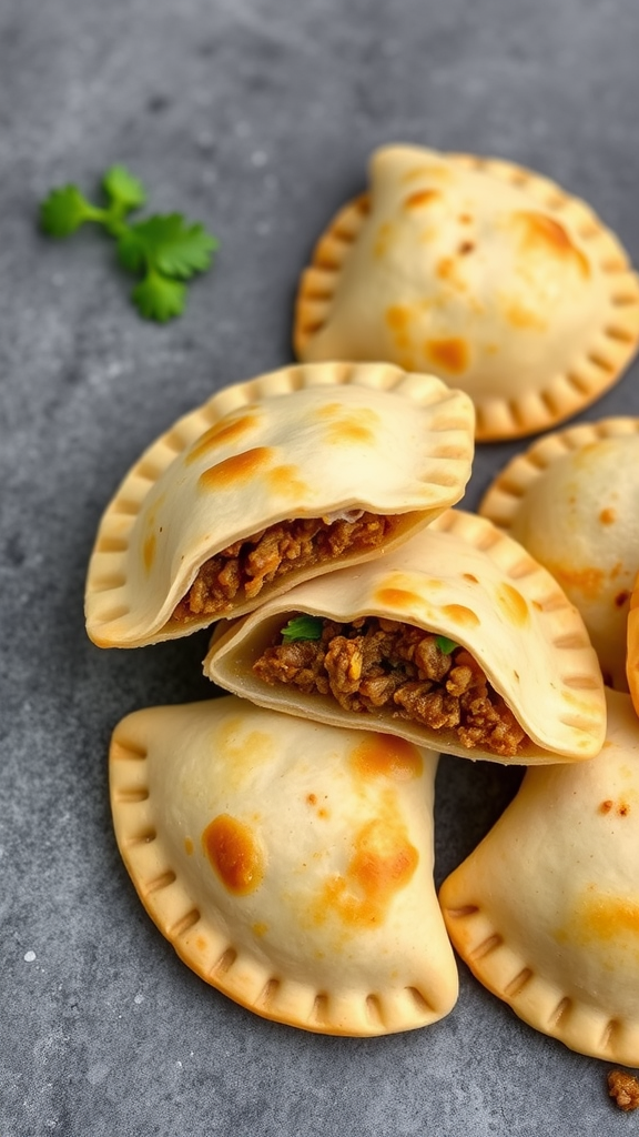 A plate of golden beef empanadas, some cut open to show the savory filling.