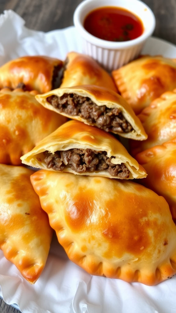A plate of golden beef empanadas with one cut open, revealing the savory filling, accompanied by a small bowl of sauce.