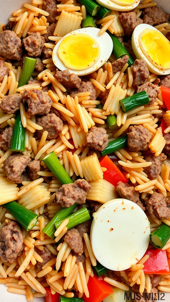 A colorful plate of Beef Fried Rice with ground beef, rice, green onions, bell peppers, and soft-boiled eggs