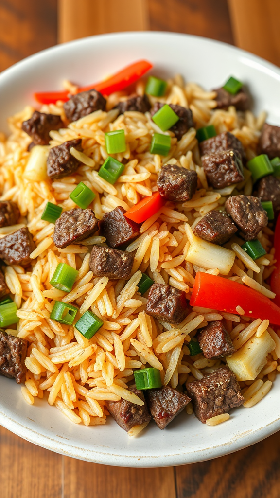 A bowl of beef fried rice with chunks of beef, red peppers, and green onions.