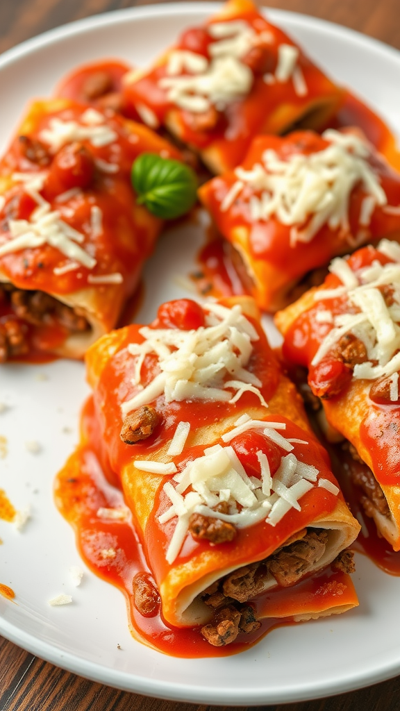 A plate of beef lasagna roll-ups topped with marinara sauce and cheese