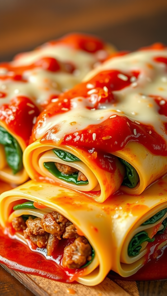 Delicious beef lasagna roll-ups topped with marinara sauce and melted cheese.