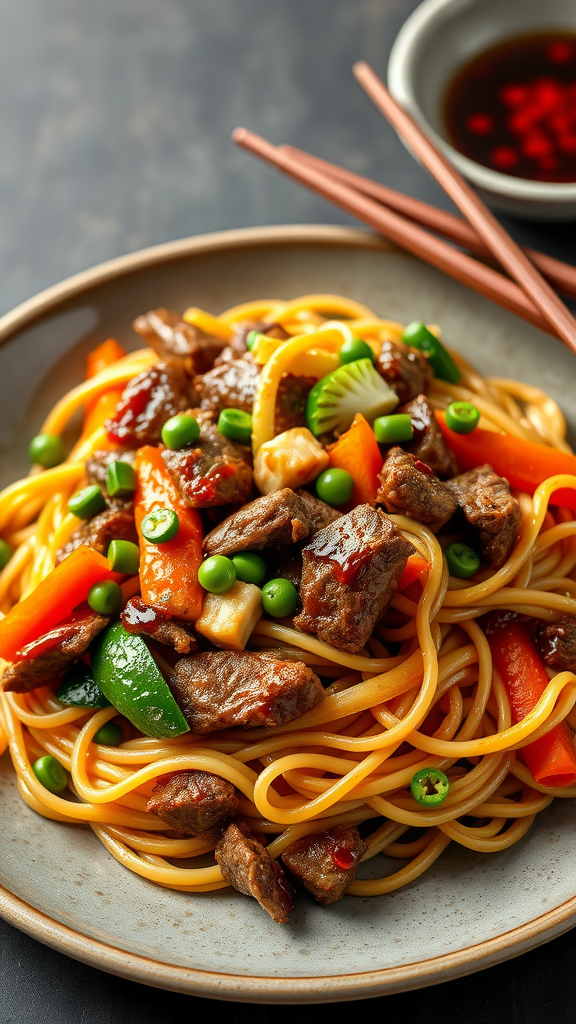 A plate of Beef Lo Mein with noodles, beef, and colorful vegetables.