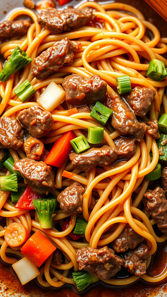 A close-up view of a bowl of Beef Lo Mein with noodles, beef, and vegetables.