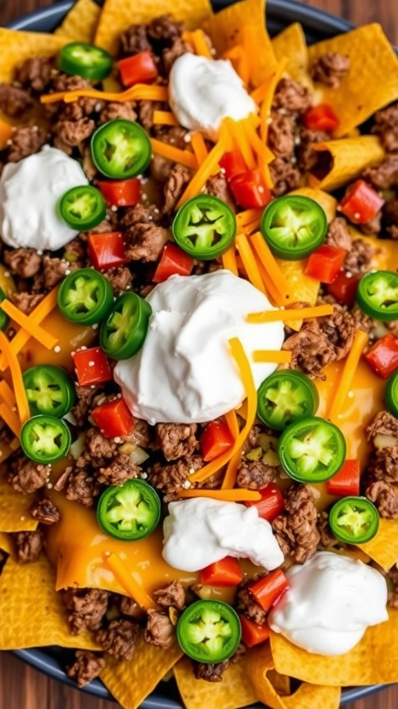 A delicious plate of beef nachos topped with ground beef, cheese, jalapeños, tomatoes, and sour cream.