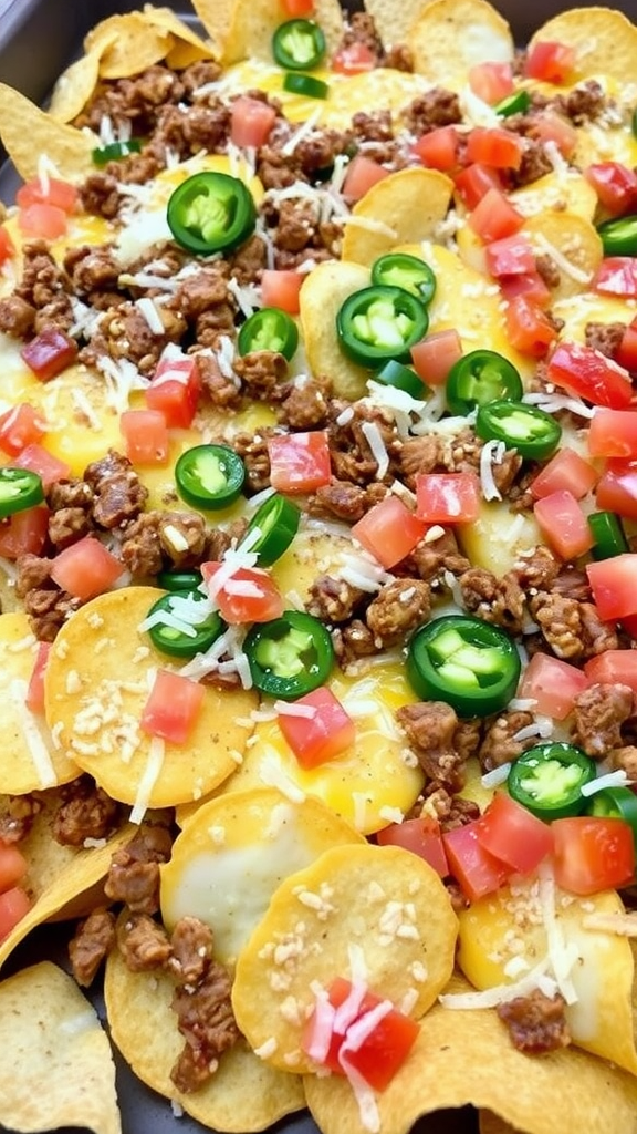 A delicious plate of beef nachos topped with cheese, jalapenos, and tomatoes.