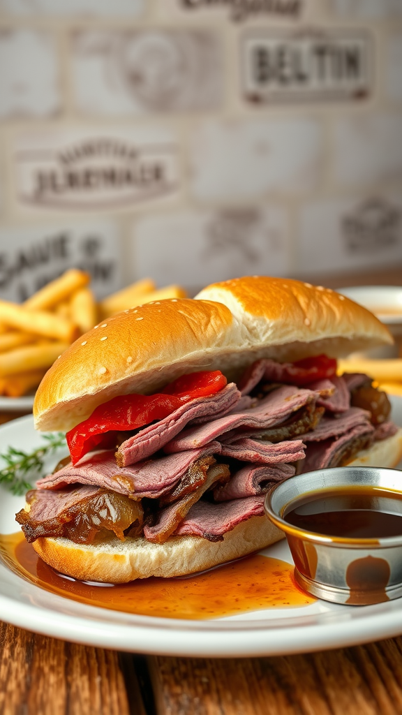 A Beef on Weck sandwich with roast beef, peppers, and au jus on a plate with fries.