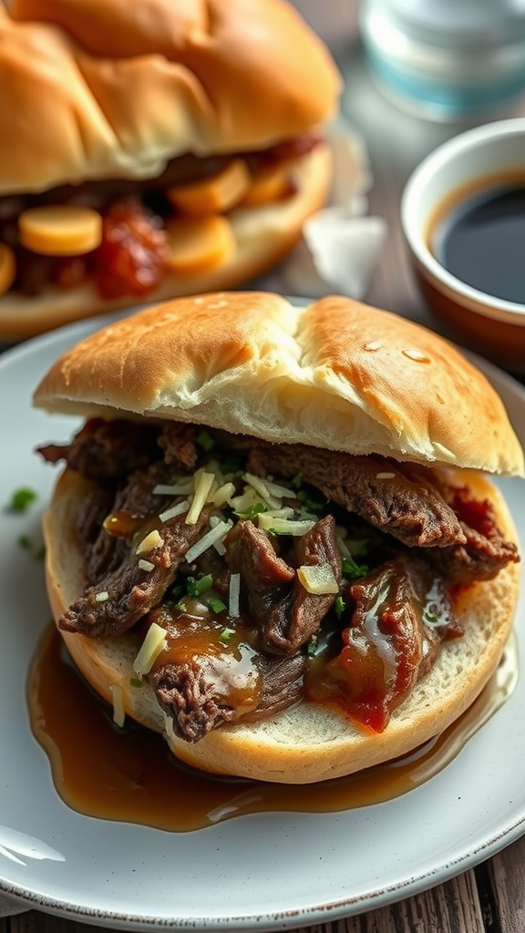 A delicious Beef on Weck sandwich with tender beef, gravy, and cheese on a soft bun, served with a side of au jus.
