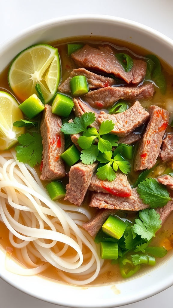 A bowl of beef pho garnished with lime, cilantro, and green onions.