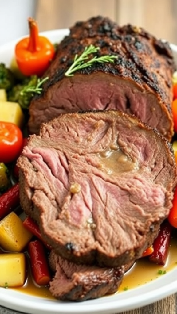 A beautifully cooked beef pot roast with colorful vegetables on a plate.