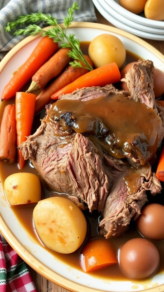 A delicious beef pot roast with carrots and potatoes served on a plate