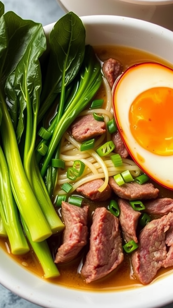 A bowl of beef ramen noodles with greens, beef slices, and a soft-boiled egg.