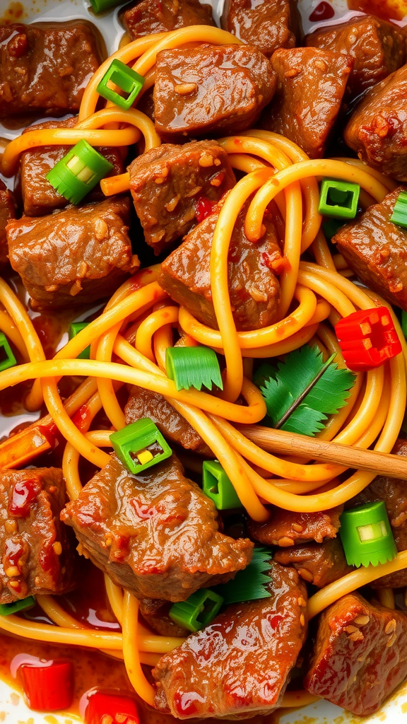A close-up of beef ramen noodles with green onions and red peppers