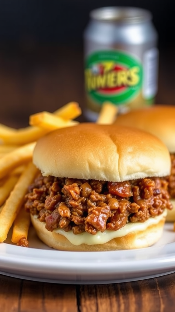 A plate featuring a Beef Sloppy Joe sandwich with fries and a soda in the background.