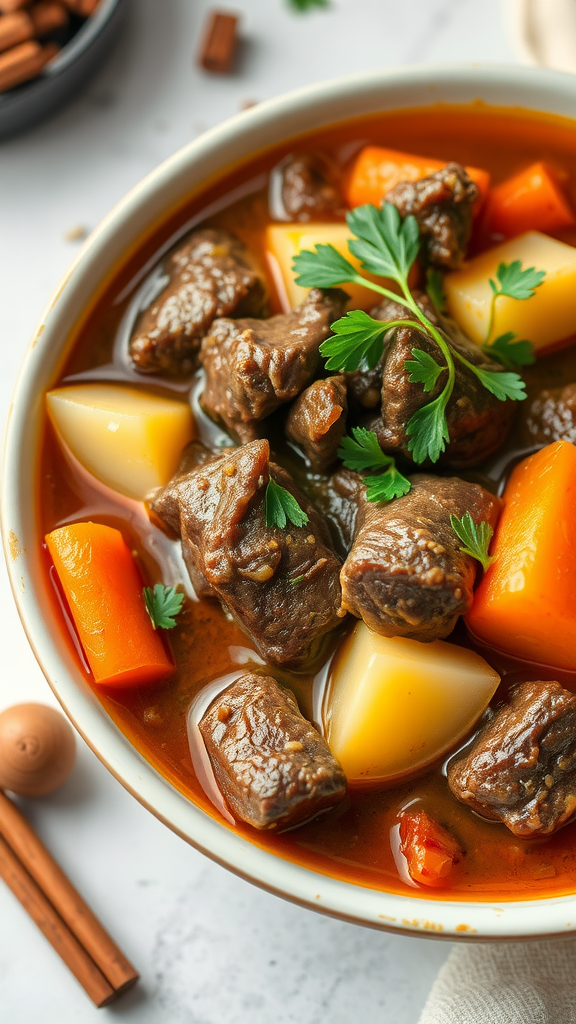 A bowl of hearty beef stew with vegetables