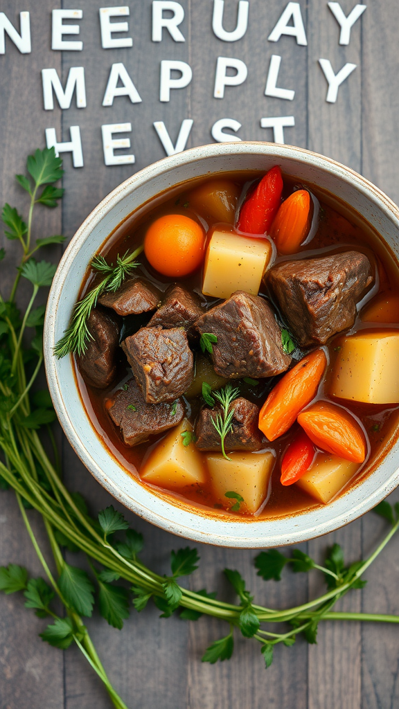A bowl of beef stew with tender beef chunks, carrots, potatoes, and a rich broth, surrounded by fresh herbs.