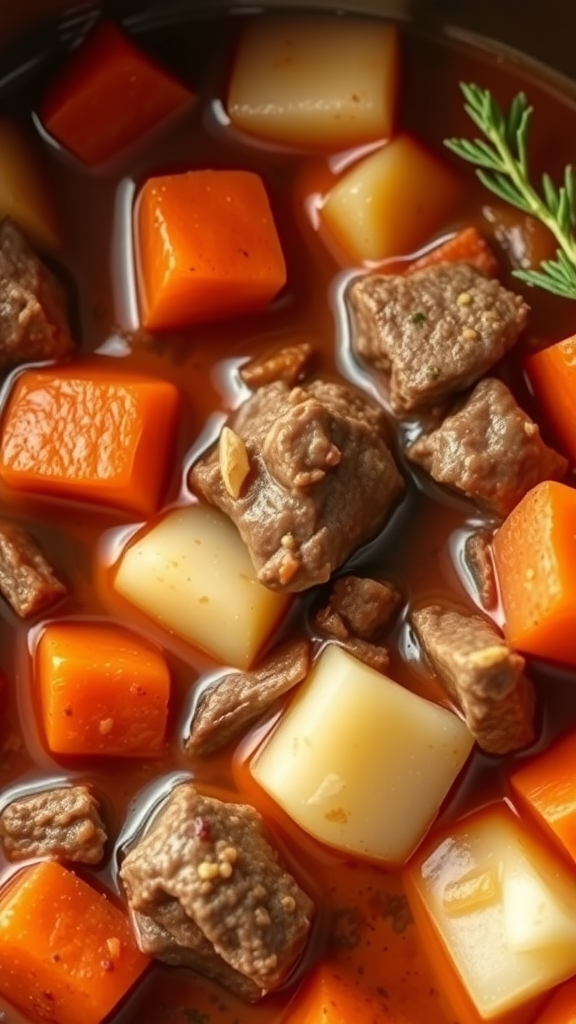 A close-up of a hearty beef stew with chunks of meat, carrots, and potatoes in rich broth.