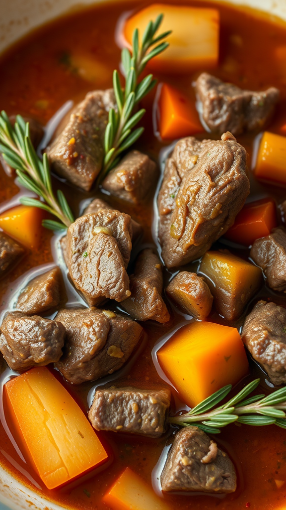 A bowl of beef stew with tender meat, potatoes, and herbs.