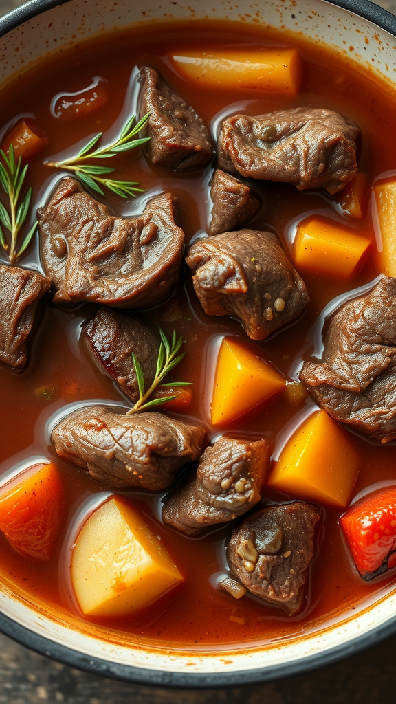 A delicious bowl of beef stew with tender beef pieces and colorful vegetables.